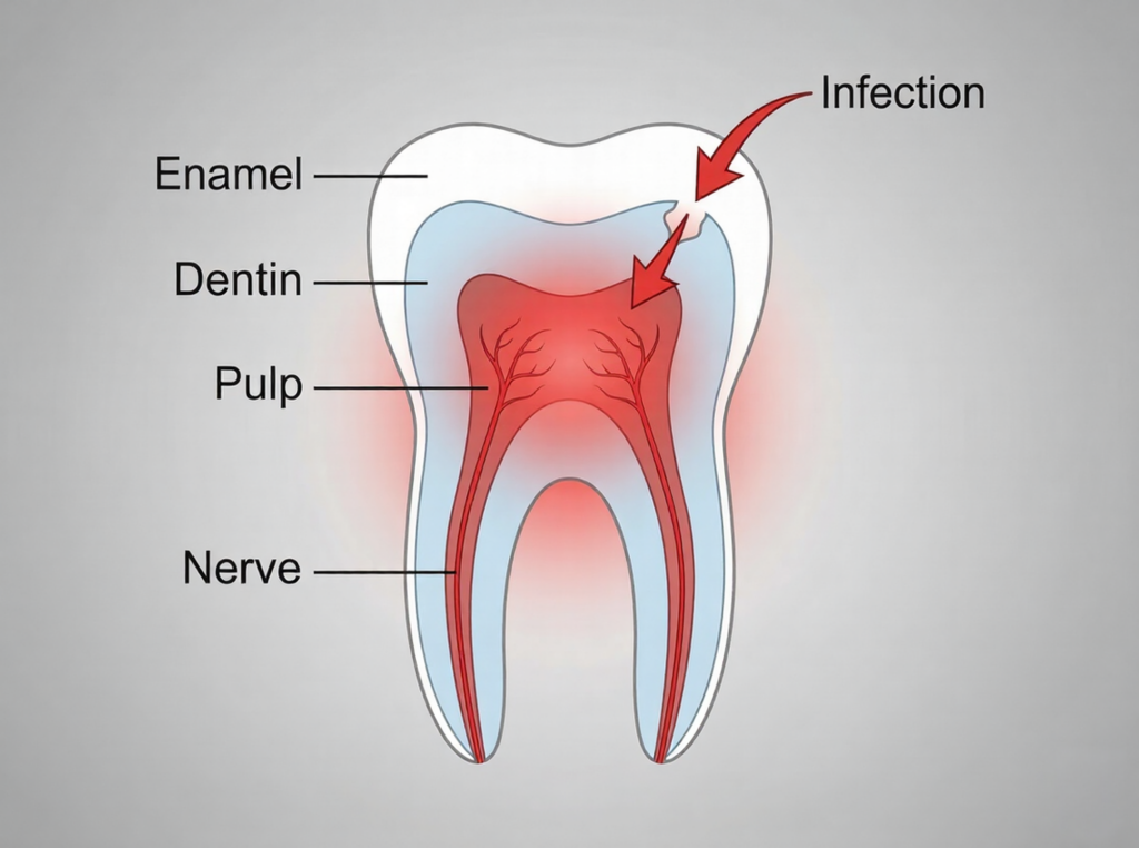 Medical diagram showing infected dental pulp cross-section.