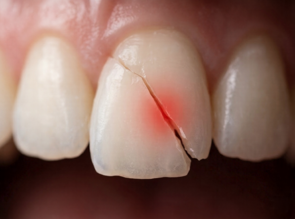 A cracked front tooth with subtle internal nerve inflammation.