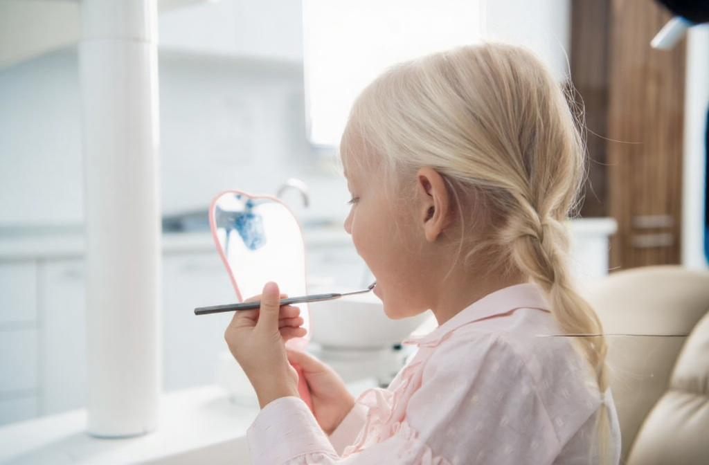 A child views healed gums in a dental mirror.