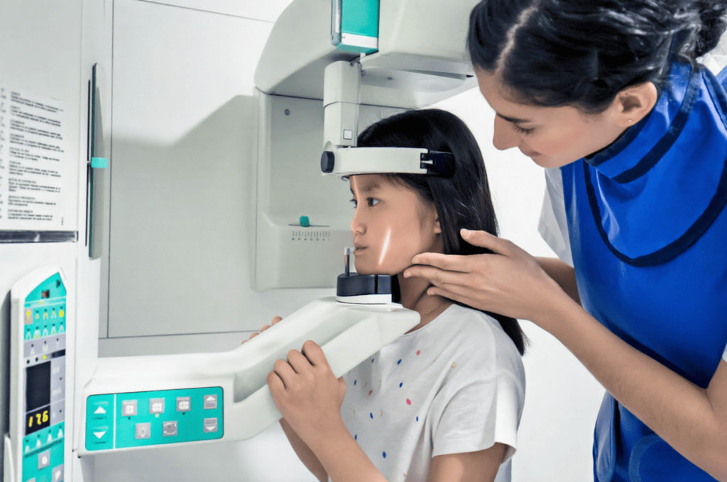 A little girl is having a dental X-ray taken because the dentist cannot fully determine the condition of her teeth during a visual exam alone.