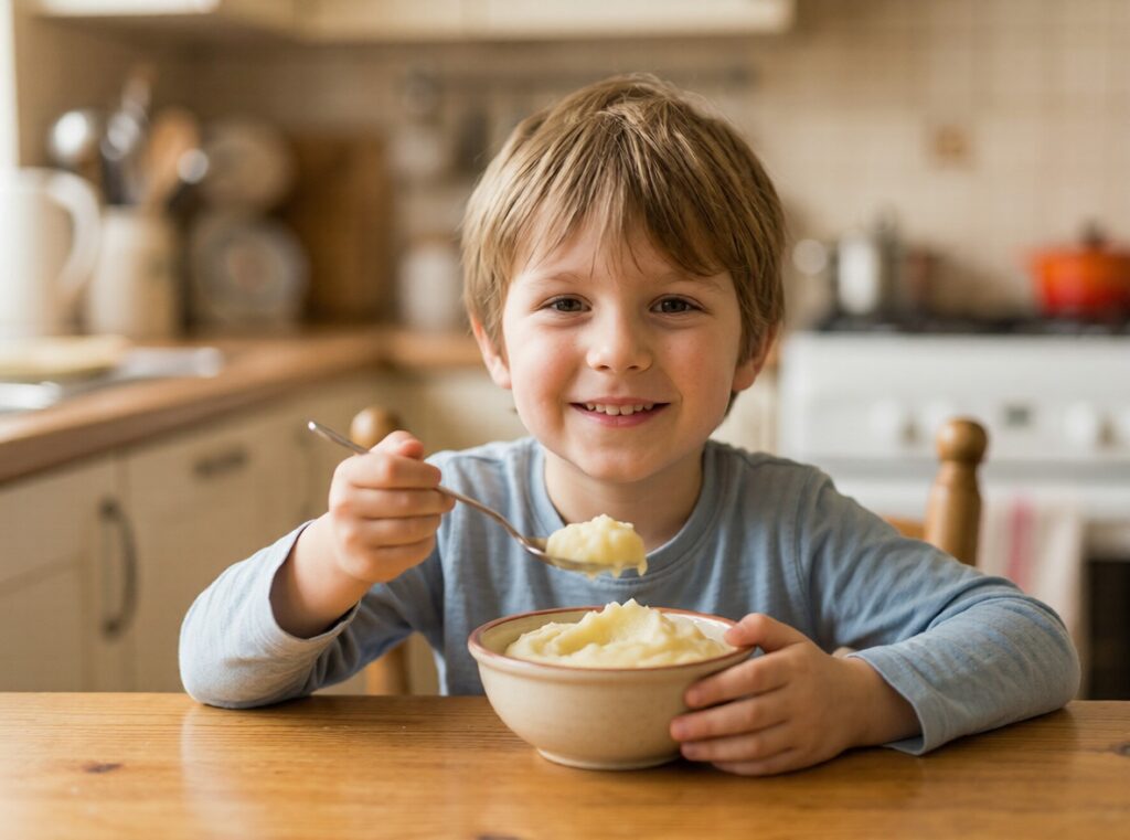 A child happily eating soft food during aftercare.