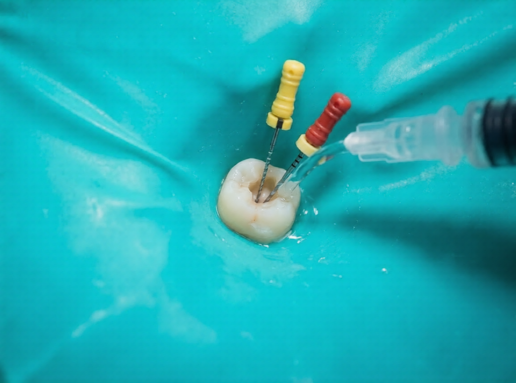 Close-up dental dam and root canal cleaning process.