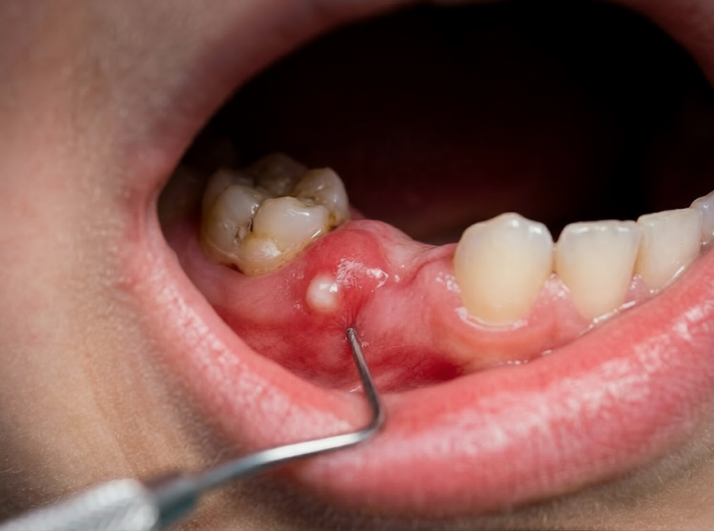 White pus pimple indicating a child's tooth infection.