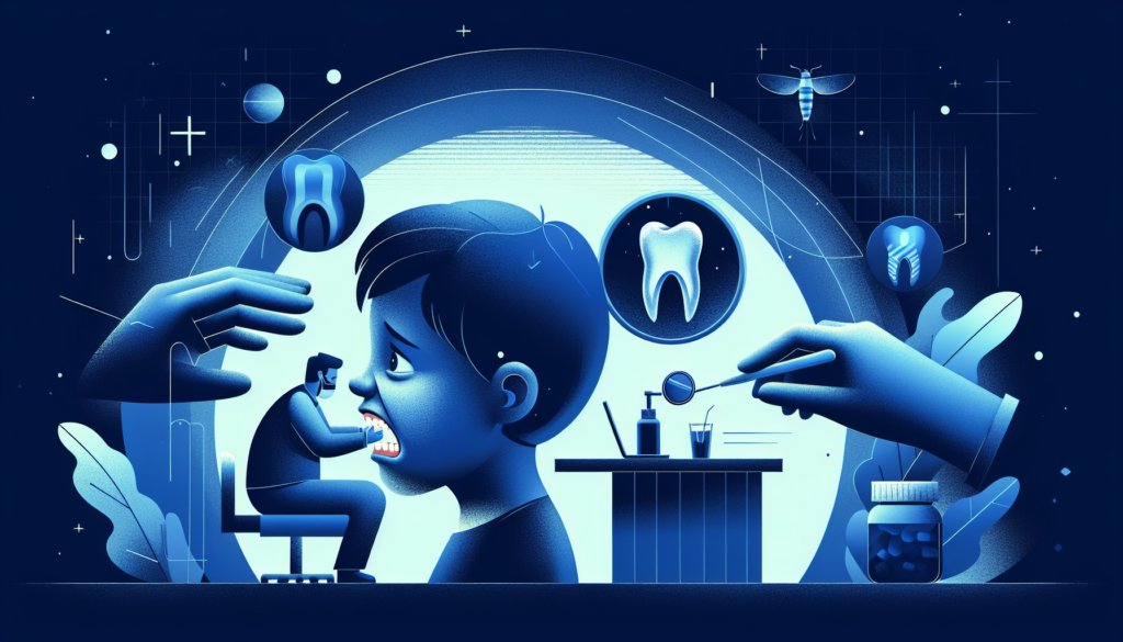 Young child holding cheek in pain at night with concerned parent nearby