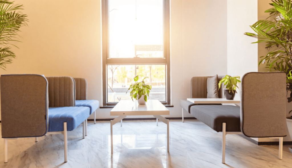 A dental clinic featuring a calm waiting area with options for reduced stimulation.