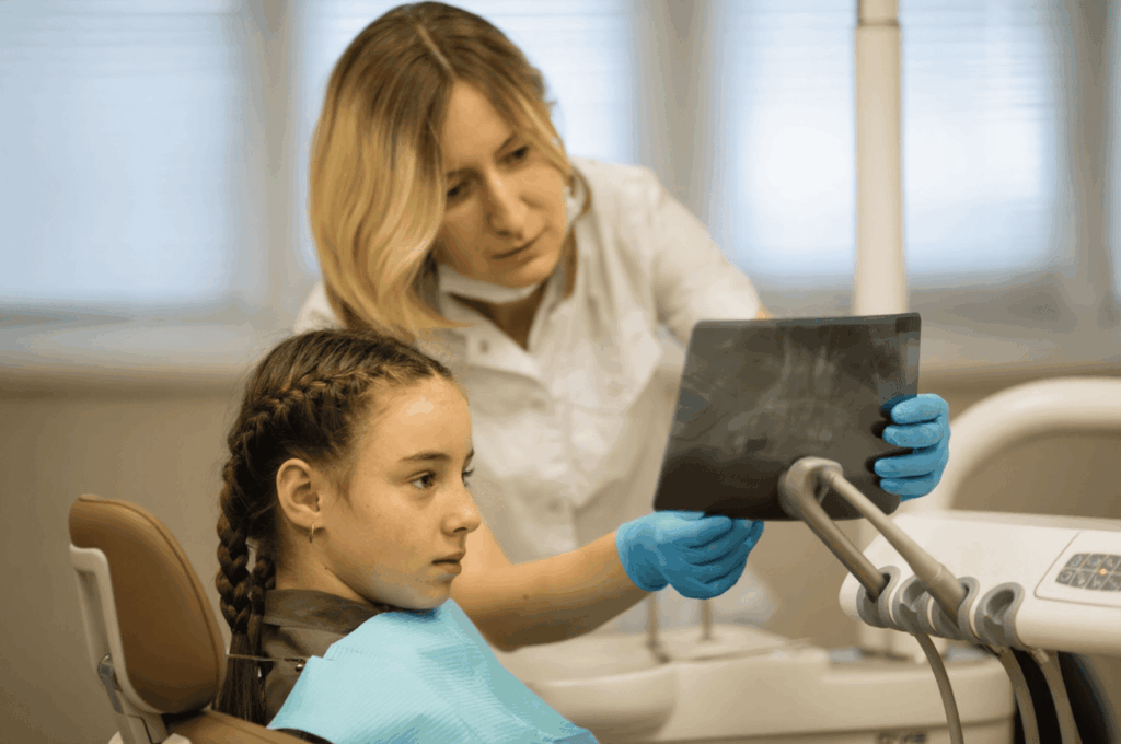 A dentist is evaluating a dental X-ray of a child's permanent teeth.